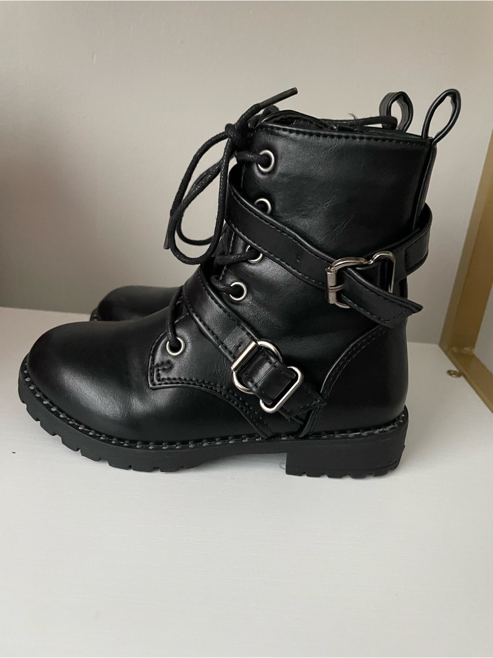 Black Kids Lace-Up Buckle Combat Boots
